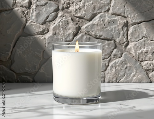 3D mockup of white candle jar with gray stone background, wellness and spa branding concept, cinematic soft lighting, realistic glass and wax textures with no label, no text, no logo