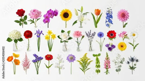 Grid of Various Colorful Flower Species on White Background