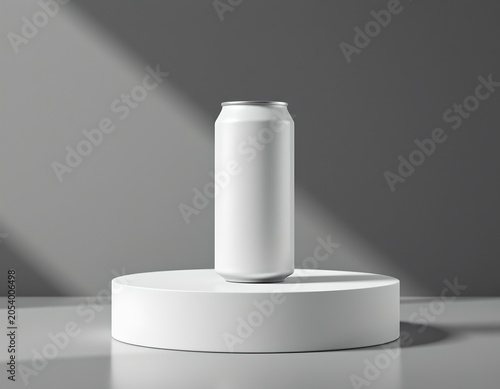 3D mockup of blank soda can on white and gray podium, beverage branding concept, realistic metallic texture, cinematic lighting, minimal commercial composition with no label, no text, no logo