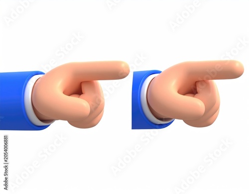 Two cartoon hands in blue sleeves pointing right against white