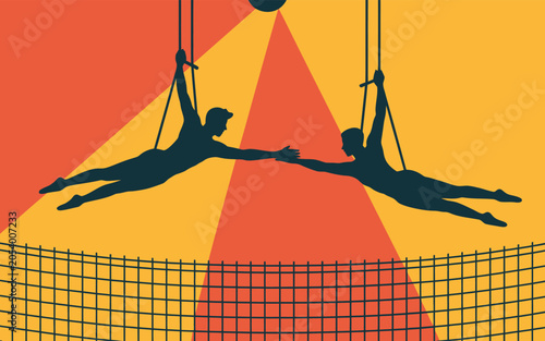 Graphic illustration of two aerialists reaching for each other on trapeze with safety net below aerialist silhouette