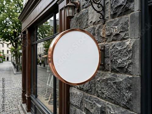 A blank circular storefront sign mounted on a rustic stone wall in a europeanstyle street setting