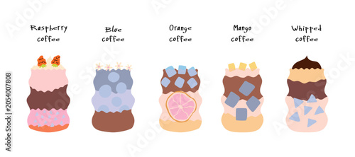 Hand drawn coffee drink set. Mango, raspberry, blue or orange coffee in beautiful glass cups. Vector summer illustration for cafe, menu or stickers