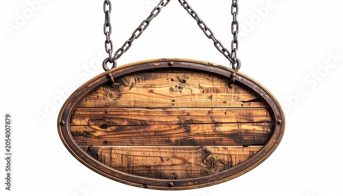 Rustic oval wooden sign with metal trim, suspended by chains