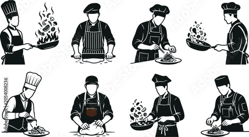 Fotografie Set of professional chef black silhouettes cooking, tossing food in pans, kneadi