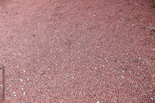 Reddish-brown gravel or rubber mulch ground surface.