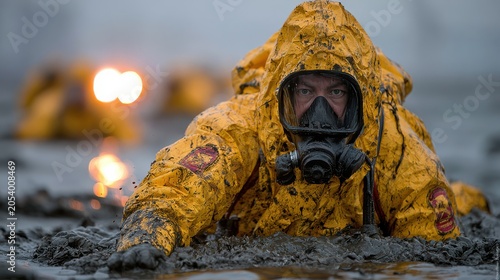 A person in a yellow hazmat suit and gas mask crawls through muddy water during a hazardous environment training or emergency response exercise.