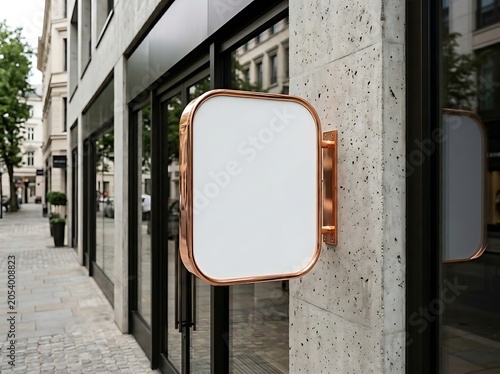 Blank copperframed shop sign mockup on a modern city street