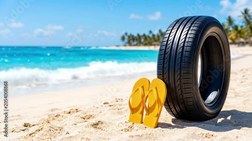 Black tire and yellow flip flops on sandy tropical beach. Ocean waves and palm trees in background. Summer vacation and road trip relaxation concept