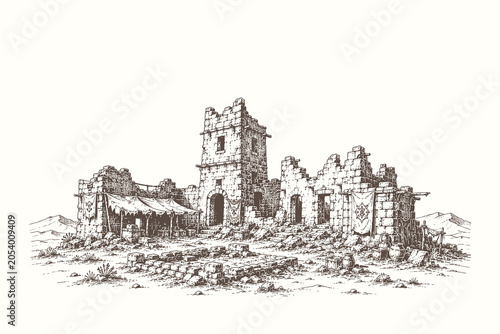 Billede på lærred Detailed line art vector illustration of an abandoned medieval fortress ruin in