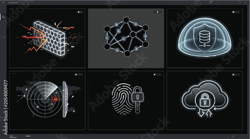 Cyber Security Dashboard: A modern digital interface displaying six distinct icons representing various cyber security concepts like firewall, network, database, radar, fingerprint lock.