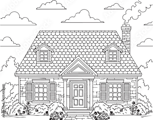 Black and white illustration of house with chimney and garden.