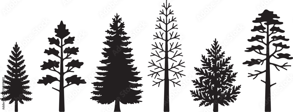 Fototapeta premium Collection of diverse evergreen and deciduous tree silhouettes isolated on transparent background