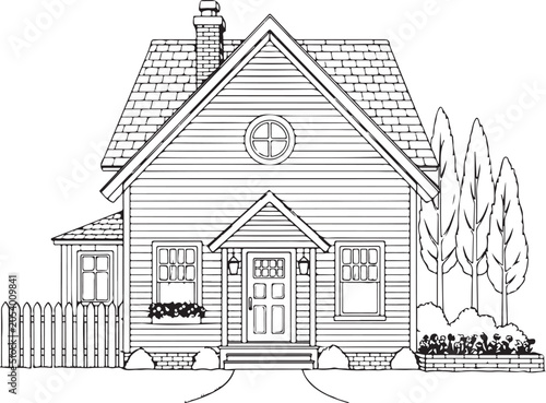 Detailed outline illustration of a charming twostory house with a fence and garden