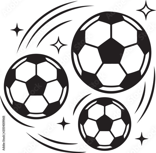 Dynamic action illustration of three classic soccer balls in motion with star bursts