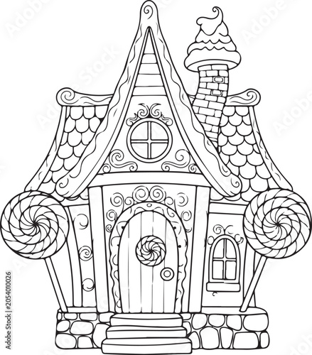 Fantasy house with lollipops and stone foundation.