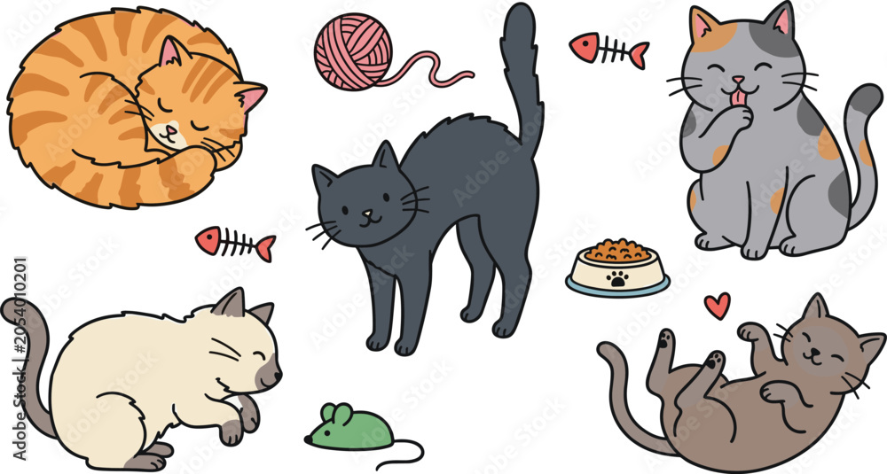 Fototapeta premium Cute Domestic Cat Collection with Sleeping Playing Grooming and Relaxing Kittens Cartoon Pet Vector Illustration Set