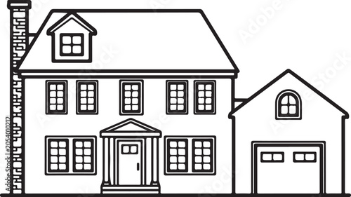Outline drawing of a traditional house with a chimney and attached garage