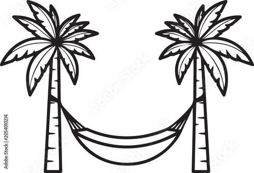 Two stylized palm trees with a hammock strung between them isolated on transparent background.