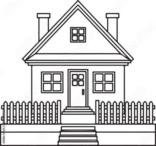 Simple black and white line art illustration of a residential house with a fence