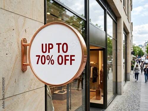 A round, copperframed sign hanging on a stone wall outside a retail store, displaying a promotional up to 70% off sale advertisement