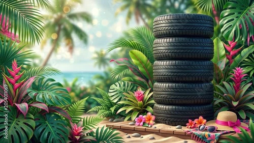 Stack of black tires on wooden platform at tropical beach. Surreal paradise scene with palms monstera leaves hibiscus orchids frangipani flowers beach hat sunglasses colorful towel. Summer vacation