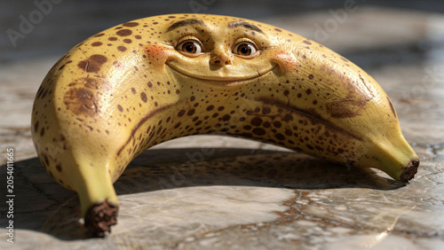 A banana with a smiling face, organic shapes, golden yellow speckled with brown spots, eyes looking directly at viewer, resting on a marble countertop, glossy texture with surreal dreamlike