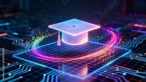 Glowing graduation cap floating above a complex digital circuit board with neon lighting.