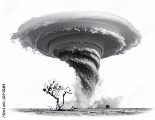 A powerful, swirling tornado descends on a desolate landscape with a lone tree