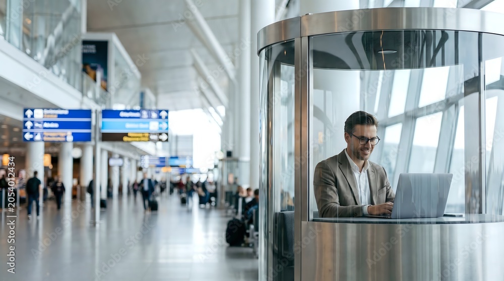 Fototapeta premium AirportHybridPod-SilverNeon-GlassAndMetal-RemoteWork-Background