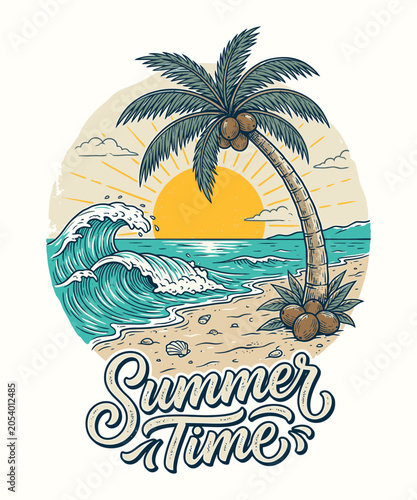Summer Time Beach Sunset Palm Tree Wave Vintage T Shirt Design Vector Art