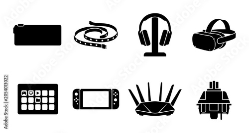 Schilderij op canvas Flat lay of modern computer accessories and tech gadgets on transparent background illustration