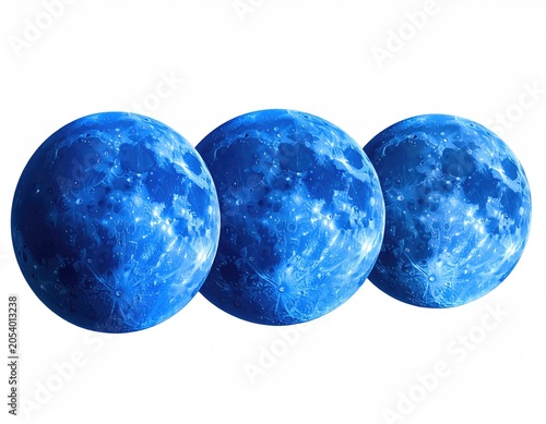 Three luminous blue celestial spheres with detailed lunar surface textures