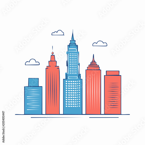Stylized City Skyline with Tall Buildings and Clouds