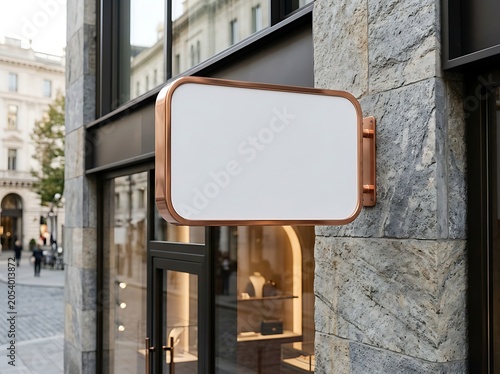 Blank copperframed signage mockup on a stone building facade in a european city street