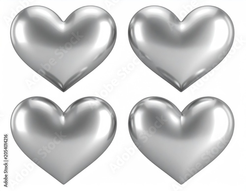 Four shiny, metallic silver hearts arranged in a grid on a white background