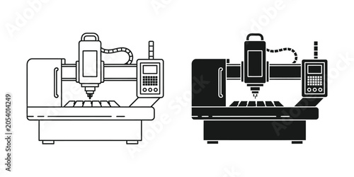 Industrial CNC milling machine in line art and silhouette isolated on white background for manufacturing concepts