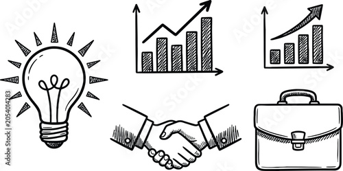Business icons collection featuring hand drawn light bulb growth charts handshake and briefcase isolated on a clean white background