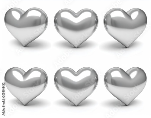 Six gleaming silver heart shapes arranged in two rows