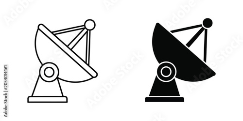 Satellite dish antenna icons in outline and solid silhouette on white background for communication concept