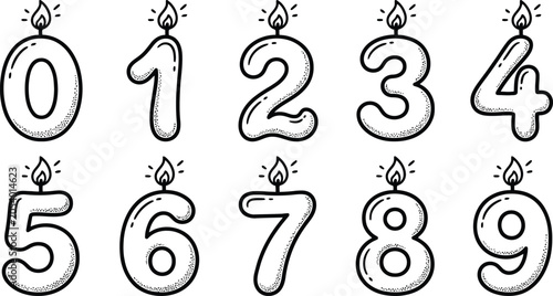 Birthday candle numbers featuring zero to nine digits with hand drawn doodle style outlines on a clean white background