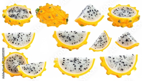 Bright yellow fruit, sliced, showcasing white flesh dotted with black seeds