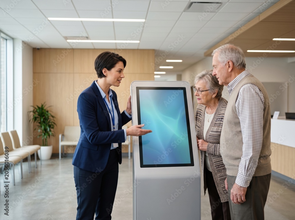 Fototapeta premium Support guide assisting elderly couple at self service kiosk in lobby