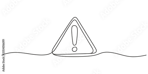Continuous single line drawing of an alert warning triangle with exclamation