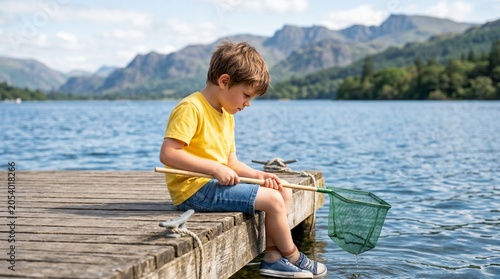 Boy holding net while sitting on wooden pier by lake. Child playing with fishing net near water. Outdoor leisure activity, summer recreation in nature. Childhood discovery and exploration.