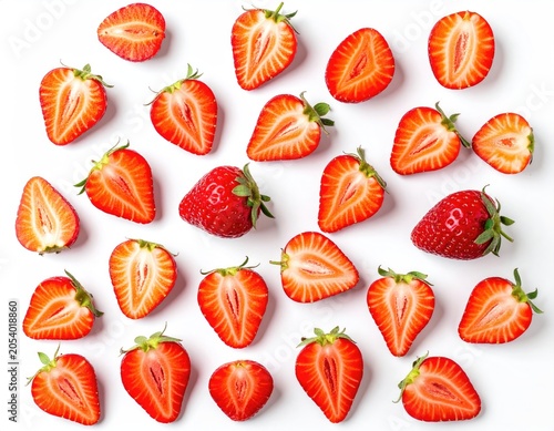 Assorted strawberries, whole and sliced, arranged on a white background