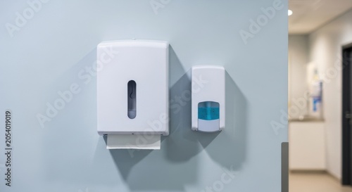Wall-mounted paper towel and hand sanitizer dispensers in a modern facility for hygiene