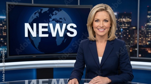 Woman newscaster sitting in modern television studio. Professional journalist reporting news on broadcast channel. Daily media program and information concept for television broadcasting.