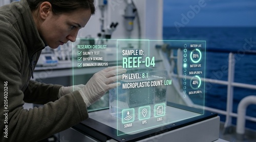 Marine researcher analyzing water sample with augmented reality interface