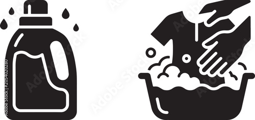 Foto Art & Illustration,Solid black vector icons presenting a plastic liquid detergent jug next to hands washing clothes in a water basin